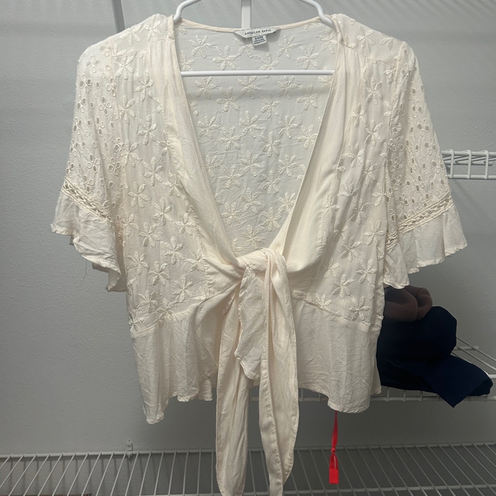 American Eagle Outfitters Cream Embroidered Tie-Front Crop Top